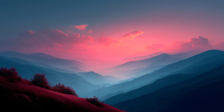 絢麗山巒夕陽全景圖