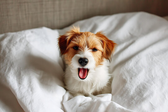 床上打哈欠的小獵犬