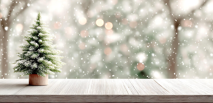 冬季圣誕節(jié)場(chǎng)景木質(zhì)桌面上的積雪小圣誕樹