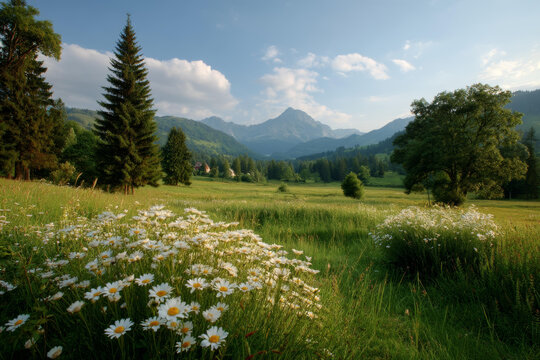 山間草地盛開鮮花美景
