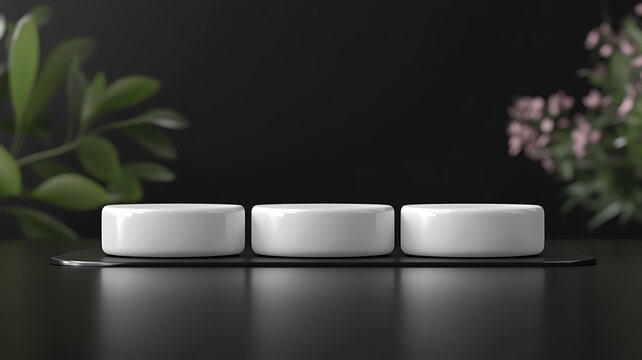 暗黑背景下三根白色圓柱形展示臺