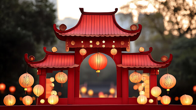 中國(guó)紅燈籠拱門(mén)裝飾