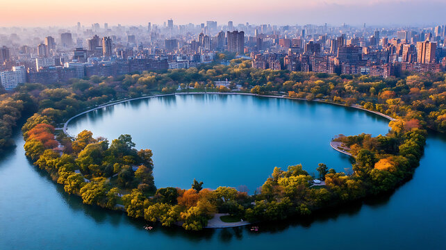 市秋季公園湖泊美景
