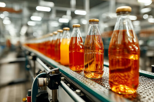 食品加工廠傳送帶上的果汁瓶