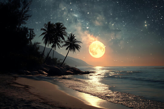 夢幻海灘月光星空美景