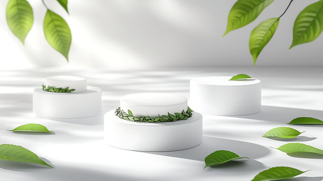 白色產(chǎn)品展示臺與綠色葉子