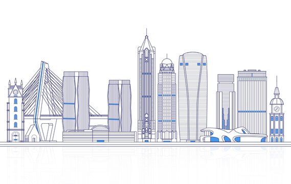 中國城市?？谔祀H線矢量地標(biāo)建筑插畫