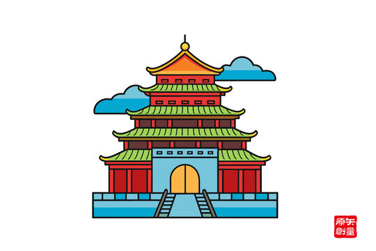 中式古風(fēng)多層閣樓建筑插畫
