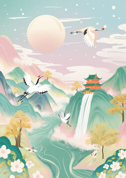 國風(fēng)山水間仙鶴與古亭