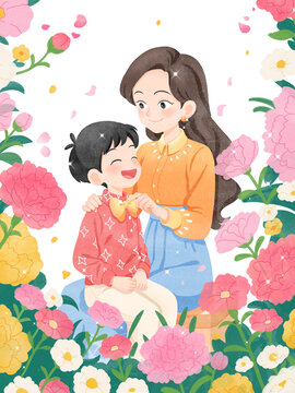 母子花叢間的溫馨瞬間
