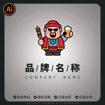 夜市大排檔logo擼串喝啤酒人物