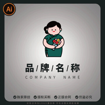 鮮花店logo旗袍美女抱著花標(biāo)志