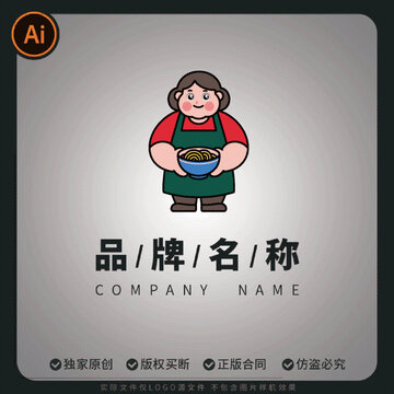 卡通餐飲阿姨捧碗面食logo形象矢量商標