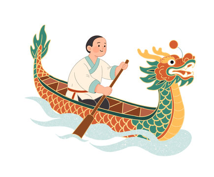 古風人物劃龍舟插畫
