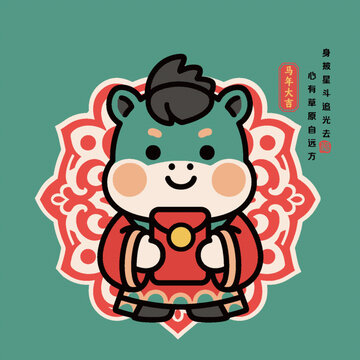 2026年馬年招財馬上有錢插畫矢量圖案