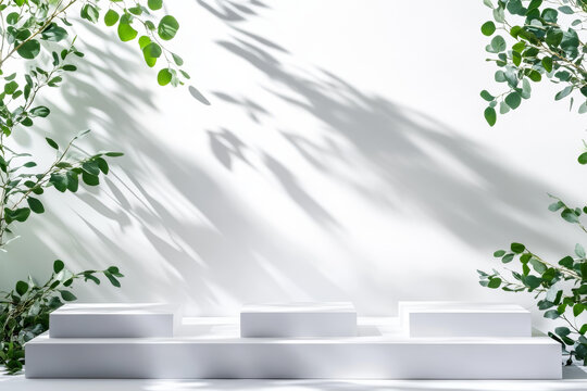 白色展示臺與綠色植物和陰影