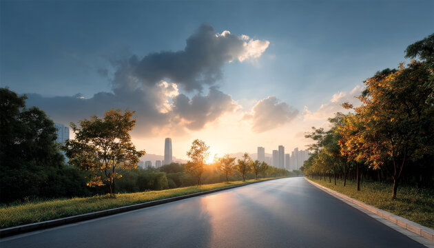 城市道路旁的夕陽美景