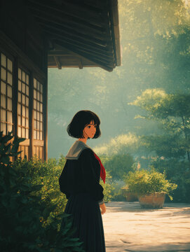 日本少女在寧靜花園中的場景