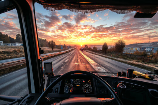 清晨公路景色卡車駕駛室視角