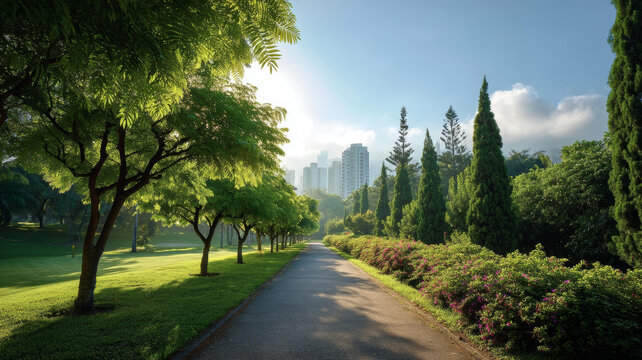 清晨陽光下的公園小路