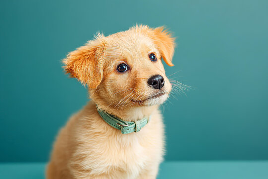 淺綠色背景下的小金毛幼犬