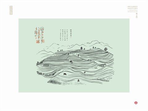 田園風(fēng)光梯田線描圖鄉(xiāng)村矢量圖