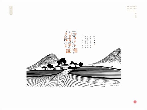 鄉(xiāng)村雪地風(fēng)光插畫農(nóng)村版畫