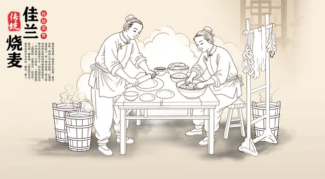 燒麥制作線描圖