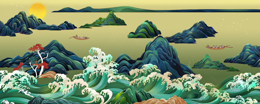 古風(fēng)長卷山水千里風(fēng)光插畫