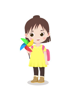 卡通拿風車的小女孩兒童插畫素材人物插畫