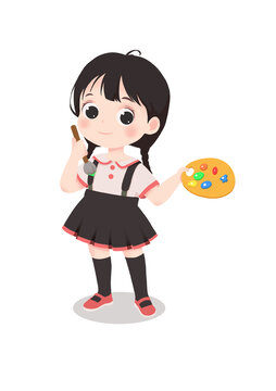 拿畫筆的小女孩扁平人物卡通插畫
