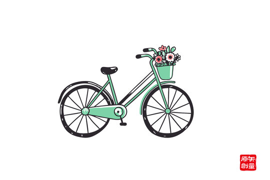手繪帶花綠植自行車(chē)插畫(huà)