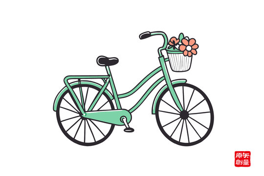 清新手繪帶花的綠色自行車