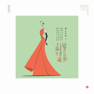 都市長裙女子線描圖美女插圖