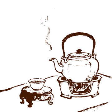 手繪古風煮茶場景線稿矢量圖