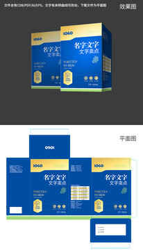 藍色金色寵物腸胃藥品包裝盒設(shè)計模板