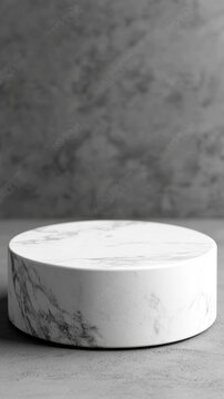 灰色混凝土背景上的白色大理石圓形展示臺