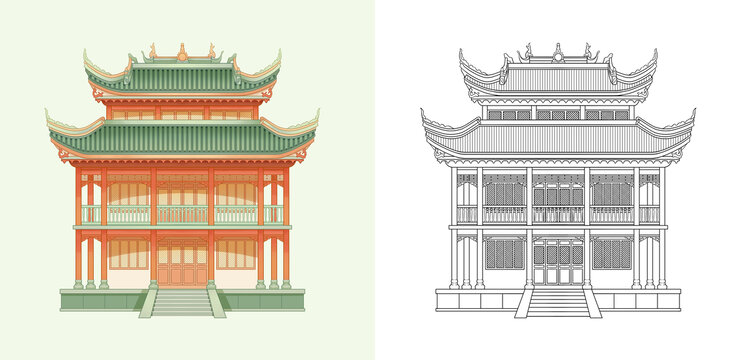 秭歸屈原祠古建筑插畫線描