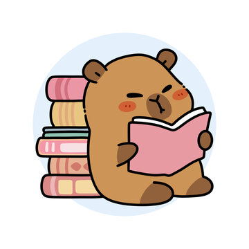 卡通水豚愜意讀書插畫