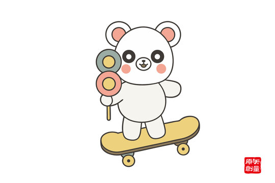 小熊玩滑板手拿棒棒糖