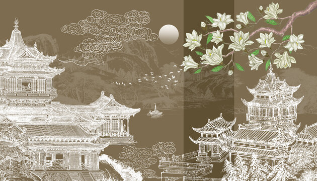 中式玉蘭花樓閣山水畫背景