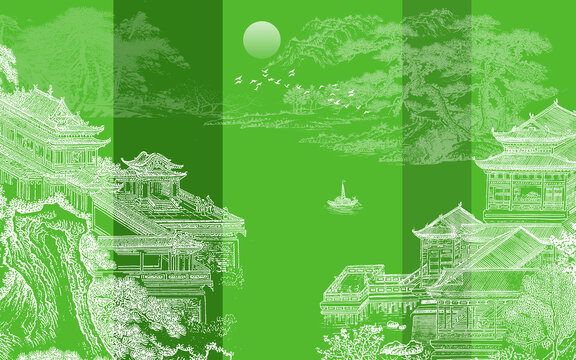 玉綠色山水樓閣刺繡背景墻