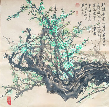 國畫綠梅斗方