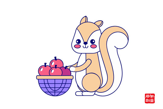 可愛松鼠與紅蘋果插畫