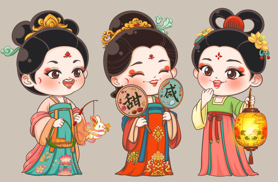 中秋古風唐朝漢服少女Q版手繪三姐妹