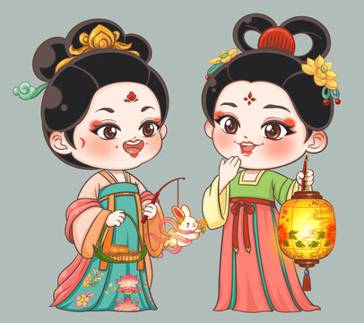 古風(fēng)漢服萌娃月兔提燈賀中秋手繪