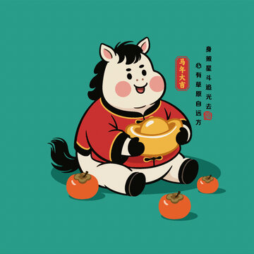 可愛小馬賀歲抱著金元寶插畫圖案IP形象