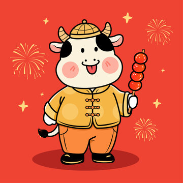 可愛小牛賀歲拿糖葫蘆