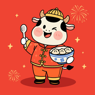 卡通小牛喜慶端餃子圖