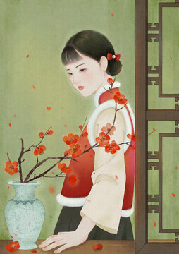 民國風(fēng)紅梅女孩插畫